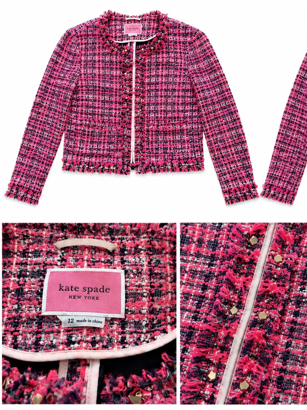 Kate Spade New York Pink Tweed Fringe Jacket Size 12
